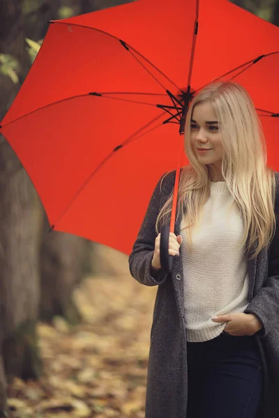 Mädchen Mit Regenschirm Posiert Herbstpark Oktoberlandschaft Einsame Frau Mit Rotem — Stockfoto