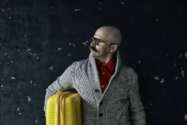 Man Holds Suitcase Tourist Concept Trip Mustachioed Guy Glasses Eccentric — Stock Photo, Image