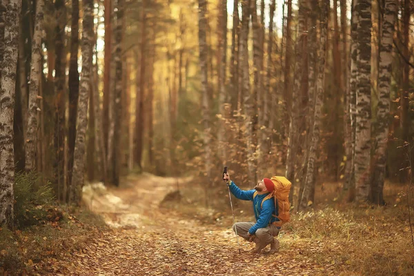 Touriste Dans Forêt Automne Sur Une Route Forestière Une Aventure — Photo