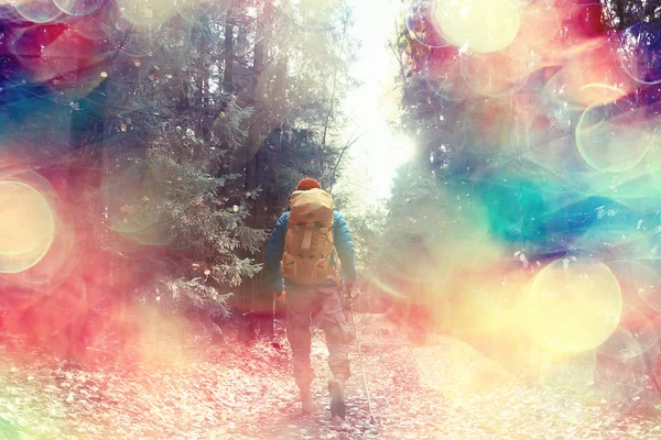 Caminata Otoño Con Una Mochila Rayos Sol Paisaje Otoñal Hombre — Foto de Stock