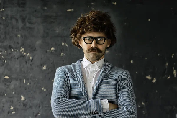 Mustachioed Man Classic Suit Vintage Glasses Curly Hipster Portrait Long — Stock Photo, Image