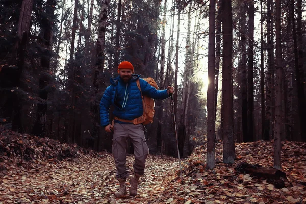 Siga Uma Caminhada Homem Convida Você Para Uma Caminhada Floresta — Fotografia de Stock