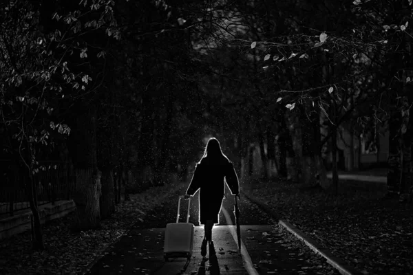 Noite Menina Está Andando Com Guarda Chuva Uma Mala Parque — Fotografia de Stock