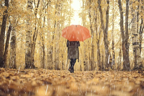 Ottobre Passeggiata Sotto Pioggia Una Giovane Donna Con Ombrello Rosso — Foto Stock