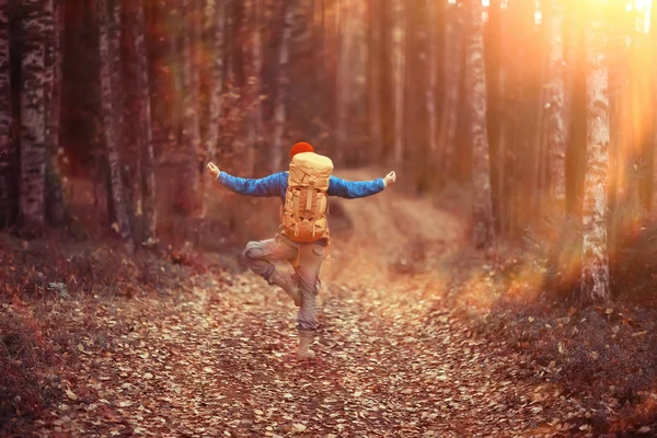 Осенний Поход Рюкзаком Солнечные Лучи Осенний Пейзаж Человек Лесу Блики — стоковое фото