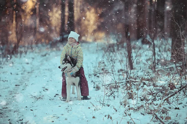 Children Play Dog Winter Landscape Sunny Forest Snowfall Girls Husky — Stock Photo, Image