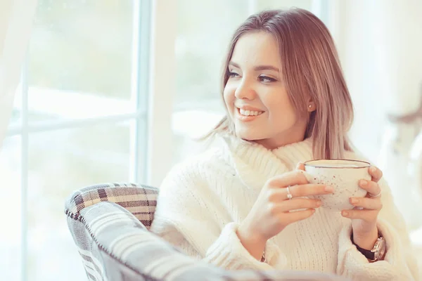 Morning Breakfast Bright Cafe Cozy Portrait Young Model Lifestyle Home — Stock Photo, Image