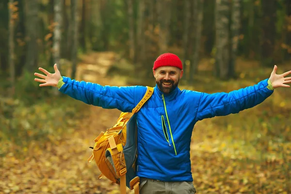 Follow Hike Man Invites You Forest Hike Autumn Landscape Forest — Stock Photo, Image