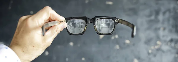 Glasses Vision Concept Man Holds Glasses His Hand — Stock Photo, Image