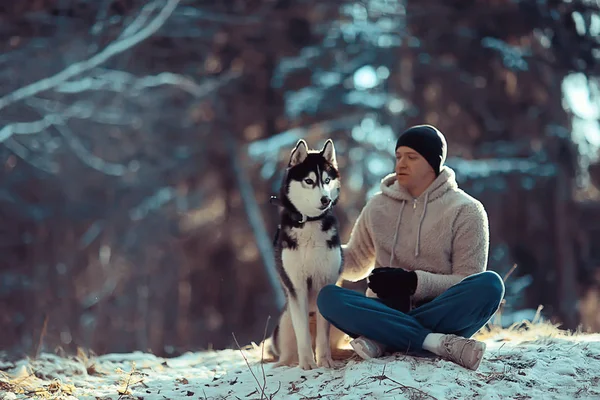 Człowiek Szkoli Psa Zimowy Las Facet Husky Pies Zimowym Krajobrazie — Zdjęcie stockowe