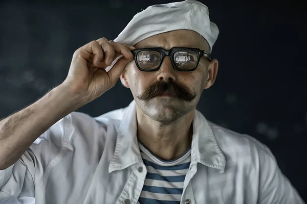 Brutale Kok Met Snor Ongewone Marine Chef Kok Een Vest — Stockfoto