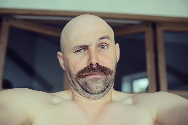 Sexy Macho Mit Schnurrbart Freak Ungewöhnliches Porträt Eines Hipster Typen — Stockfoto