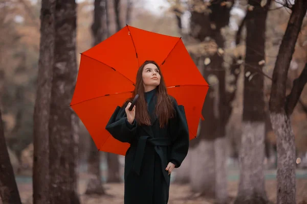 Fille Avec Parapluie Posant Dans Parc Automne Octobre Paysage Femme — Photo