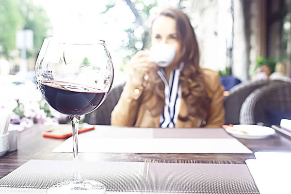 Mediterranean Restaurant Food Wine Woman Street European Cafe Glass Wine — Stock Photo, Image