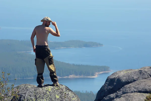 Man Travels Holidays Mountains Summer Mountain Hiking Rest Halt — Stock Photo, Image