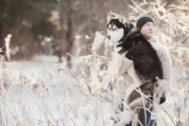 Bir adam bir köpek kış ormanını eğitir, bir adam ve bir köpek kışın orman manzarasında, ocak ayında kar mevsimsel aktiviteler dışında.