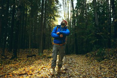 Yürüyüşe beni takip edin, bir adam sizi orman yürüyüşüne davet ediyor, doğadaki sonbahar manzarası.