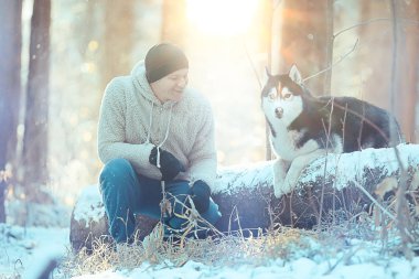 Köpekli bir adam kış ormanlarında yürüyüşe çıkıyor, güneşli bir Noel manzarası, parkta yaşayan insanlar ve köpekler.