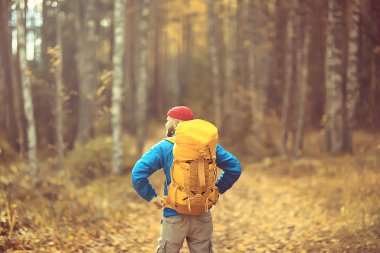 Sırt çantalı adam arkadan bir manzara, ormanda yürüyüş, sonbahar manzarası, sırt çantalı bir turistin arkası.