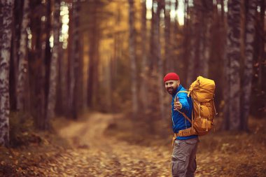 Orman yolundaki sonbahar ormanlarında turist, Ekim ormanlarında macera, sonbaharda doğa yürüyüşü.