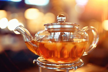 Bardak şeffaf çaydanlık çayı, kafe çay töreni, siyah çay masası.