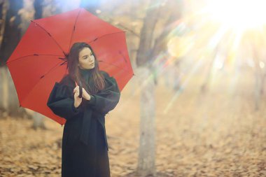 Sonbahar, güneşli bir gün. Şemsiyeli genç bir kız ekim ayında sarı bir parkta yürüyor.