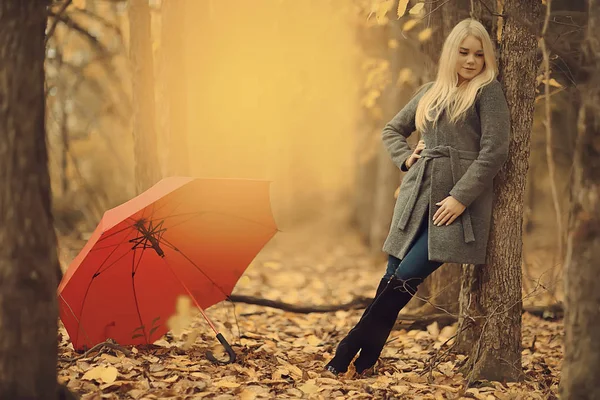 Menina Com Guarda Chuva Posando Parque Outono Paisagem Outubro Mulher — Fotografia de Stock