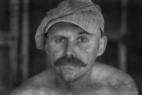 Macho Sexy Avec Une Moustache Monstre Portrait Inhabituel Gars Hipster — Photo