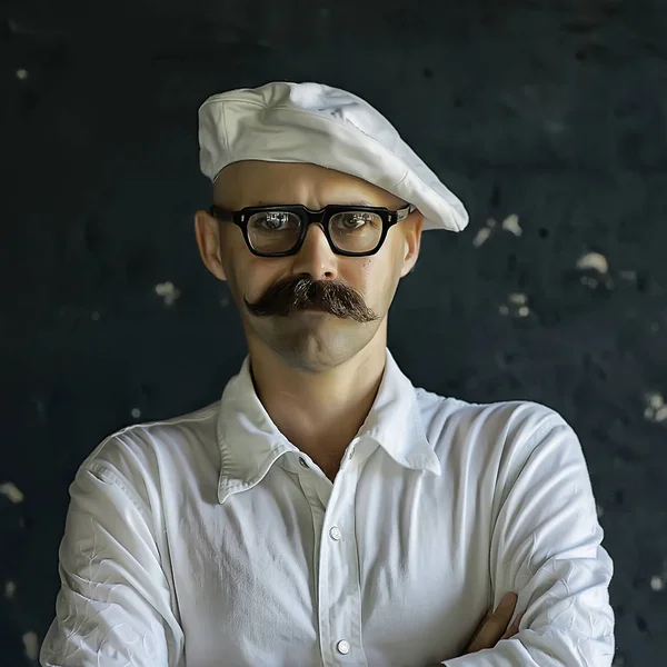 Portrait Cook Mustachioed Male Chef Hat Profession — Stock Photo, Image