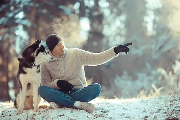 冬の森の風景の中で犬の冬の森 男と猫の犬を訓練します — ストック写真