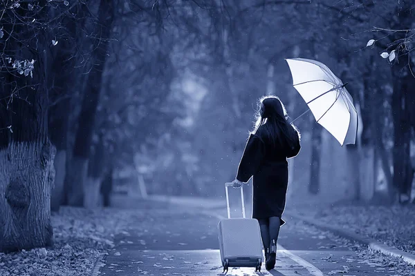 Autumn Evening Woman Holds Umbrella October Dark City Park Young — Stock Photo, Image