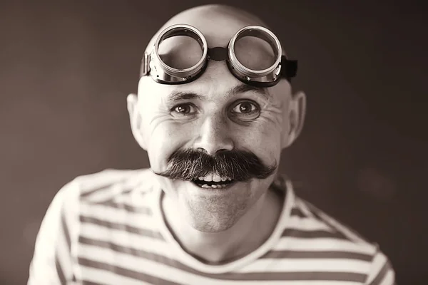 Cheerful Bald Man Mustache Portrait Young Man Smiling Posing Mustachioed — Stock Photo, Image