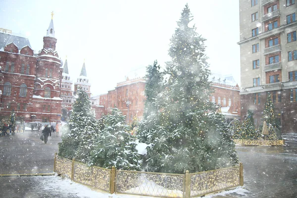 Blurred Background Xmas Tree Decorated Snow Background New Year — Stock Photo, Image