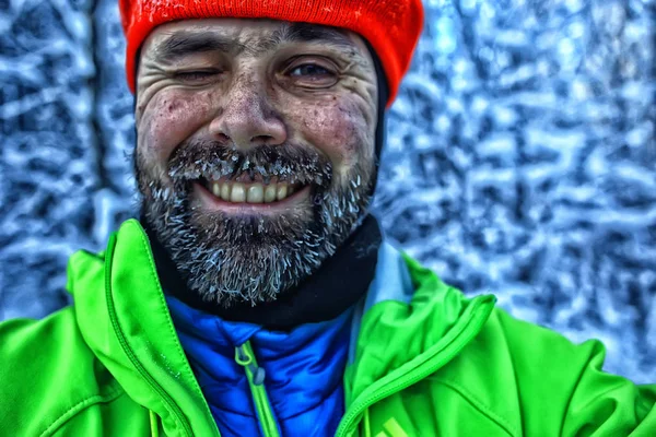 Barba Hoarfrost Retrato Jovem Barbudo Atividades Sazonais Livre Inverno Escandinávia — Fotografia de Stock