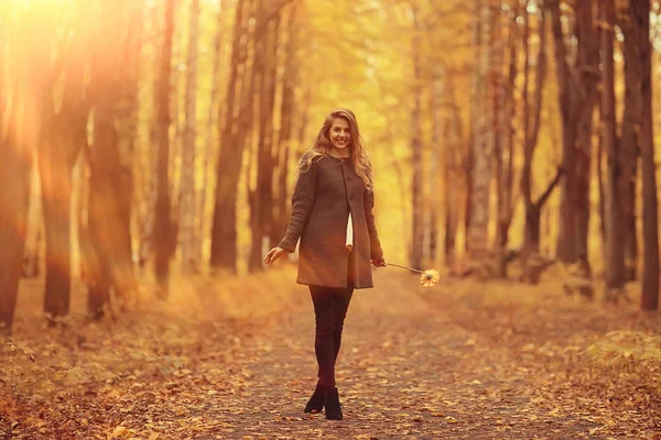 Manken Sonbahar Yürüyüşü Sarı Park Romantizmi Güzel Genç Yetişkin Modeli — Stok fotoğraf