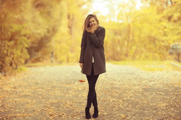 Manken sonbahar yürüyüşü sarı park romantizmi güzel genç yetişkin modeli sonbahar parkının sarı manzarasında poz veriyor.