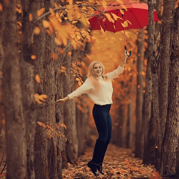 Girl Red Umbrella Flying Umbrella Jumping Having Fun Yellow Autumn — Stock Photo, Image