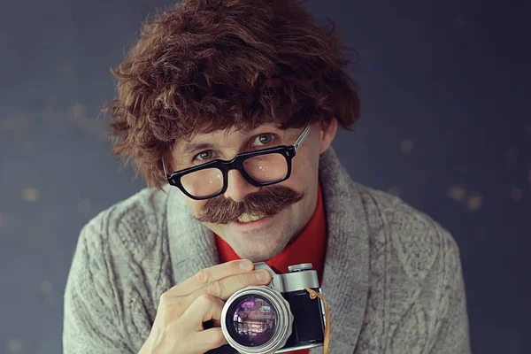 Sexy Macho Mustache Freak Unusual Portrait Hipster Guy — Stock Photo, Image