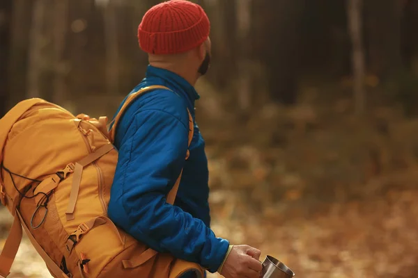 Man Met Rugzak Uitzicht Vanaf Rug Wandelen Het Bos Herfstlandschap — Stockfoto