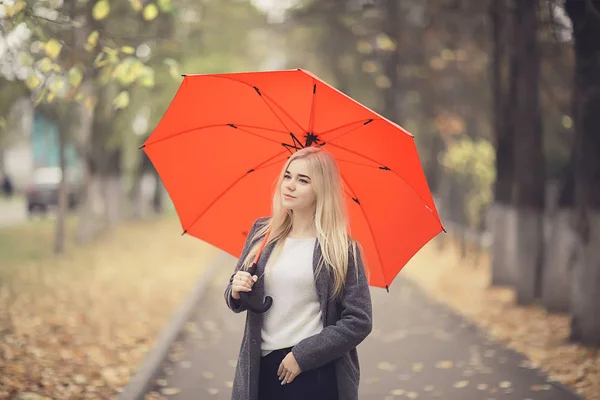 Chica Con Paraguas Posando Parque Otoño Paisaje Octubre Mujer Solitaria — Foto de Stock