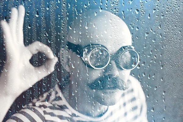 Porträtt Ångpunk Hipster Mustasch Man Poserar Ansikte Mustasch — Stockfoto