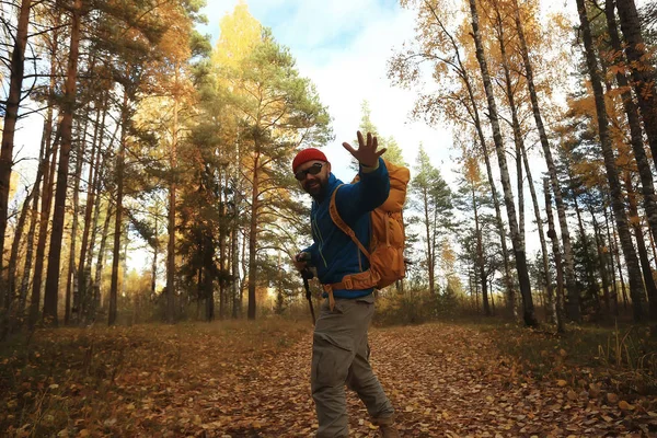 Následujte Túře Muž Vás Zve Lesní Túru Podzimní Krajinu Lese — Stock fotografie