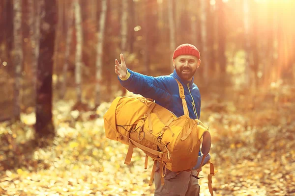 Muž Batohem Výhled Zezadu Turistika Lese Podzimní Krajina Zadní Strana — Stock fotografie
