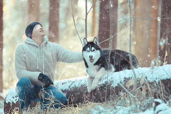 Man Trains Dog Winter Forest Guy Husky Dog Winter Forest — Stock Photo, Image