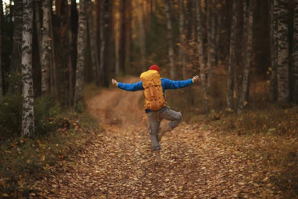 Man Met Rugzak Uitzicht Vanaf Rug Wandelen Het Bos Herfstlandschap — Stockfoto
