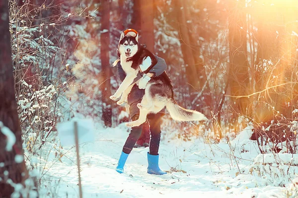 Crianças Brincam Com Cão Paisagem Inverno Uma Floresta Ensolarada Meninas — Fotografia de Stock