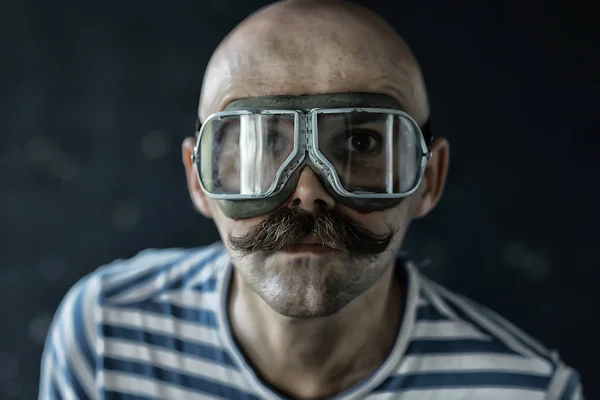 Portrait Steam Punk Hipster Mustachioed Man Posing Face Mustache — Stock Photo, Image