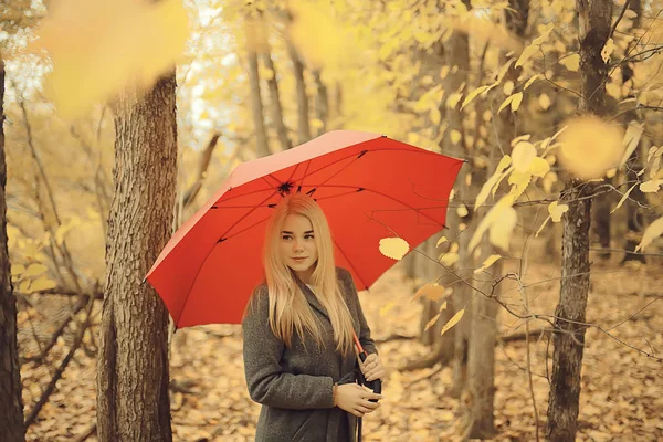 Ragazza Con Ombrello Posa Nel Parco Autunnale Ottobre Paesaggio Donna — Foto Stock