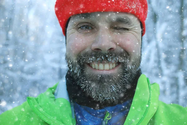 Beard Hoarfrost Portrait Young Bearded Guy Seasonal Outdoor Activities Winter — Stock Photo, Image