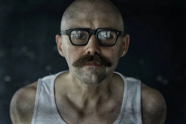 Sexig Macho Med Mustasch Freak Ovanligt Porträtt Hipster Kille — Stockfoto